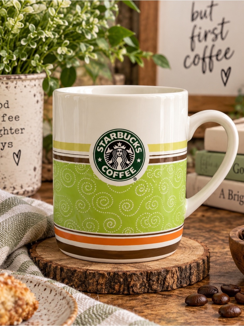 Vintage 2008 Starbucks Green Scroll Striped Ceramic Coffee Mug 14 oz